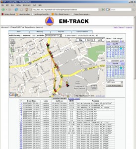 A test of a prototype Automated Vehicle Tracking system shows the location of several Chapel Hill Fire Department vehicles in a Web-based Google Maps interface.