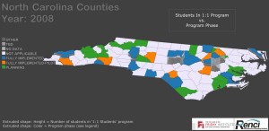 RENCI at NC State helped the university’s Friday Institute visualize data about the state’s 1:1 Computing Project. This image shows by county where and to what extent the program has been implemented (colors) and the numbers of students involved (height).