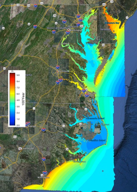 A visual depiction of water levels from coastal storm surge and waves that have a 1 percent annual probability of occurring (called the 100 year flood level) in North Carolina (part of FEMA’s Region 4) and Virginia, Maryland and Delaware  (FEMA Region 3). ,Water levels are shown in feet, with higher levels in red, orange and yellow.  Image credit: Howard Lander, RENCI