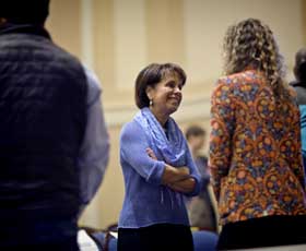 Chancellor Carol L. Folt talks with a student during a TEDxUNC breakout session. (Courtesy of Connelly Crowe, TEDxUNC.)